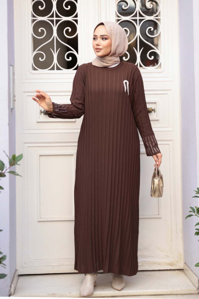 Kahverengi Merserize Triko Tesettür Elbise 25631KH - N.S NEVA STYLE