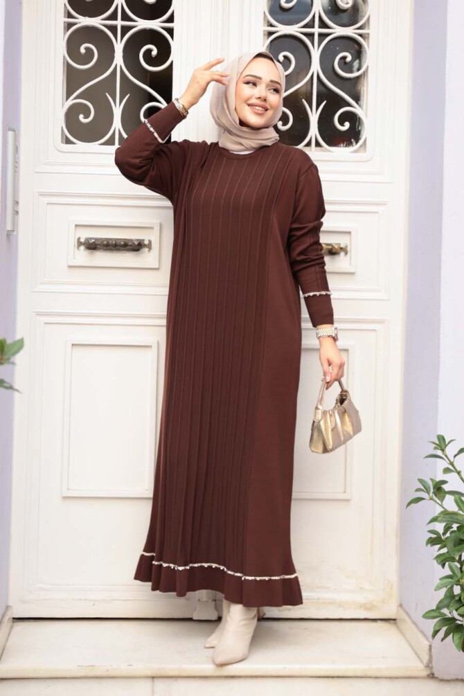 Kahverengi Merserize Triko Tesettür Elbise 6745KH - N.S NEVA STYLE