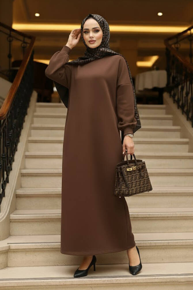 Kahverengi Sweat Tesettür Elbise 23641KH - 1