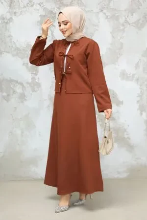 Kahverengi Tesettür Etekli İkili Takım 40061KH 