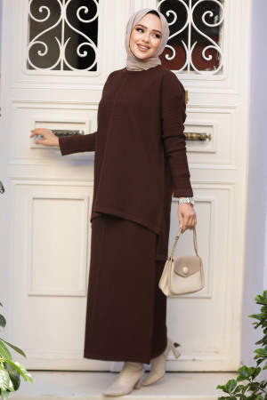 Kahverengi Tesettür Etekli Triko İkili Takım 32921KH - 1