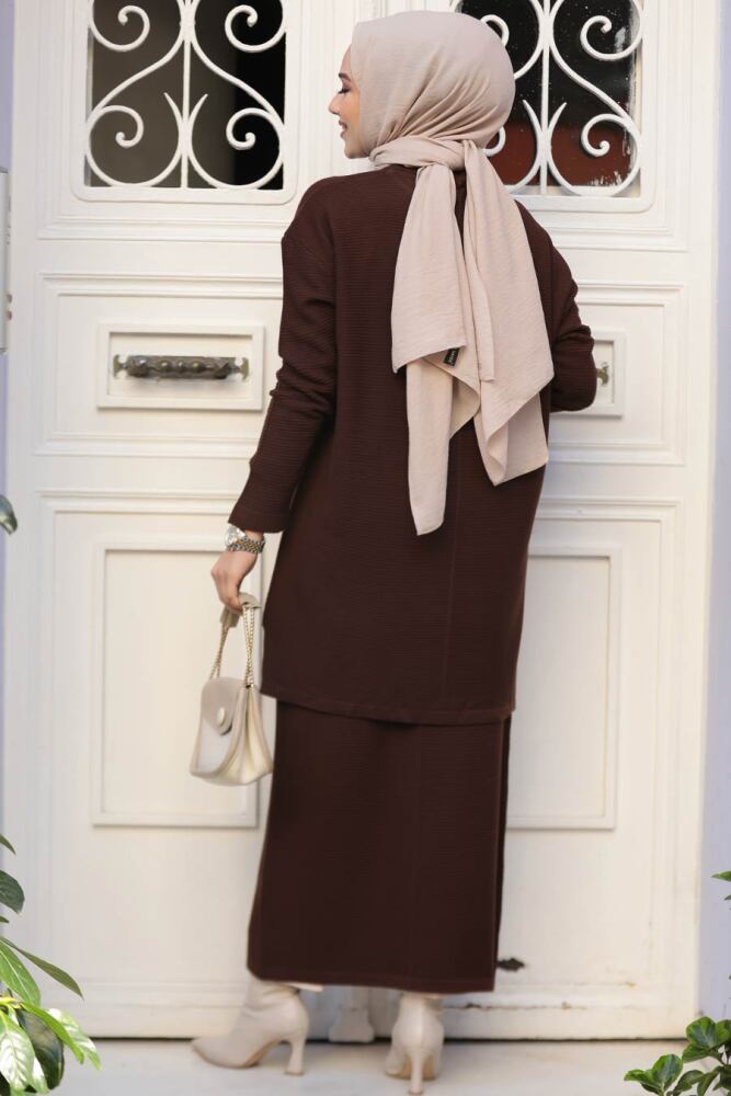 Kahverengi Tesettür Etekli Triko İkili Takım 32921KH - 3