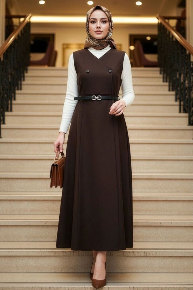 Kahverengi Tesettür Jile Elbise 62081KH - NEVA STYLE