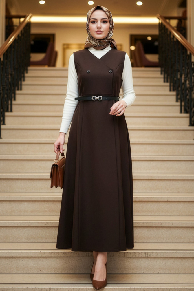 Kahverengi Tesettür Jile Elbise 62081KH - NEVA STYLE