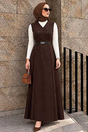 Kahverengi Tesettür Jile Elbise 62081KH - NEVA STYLE