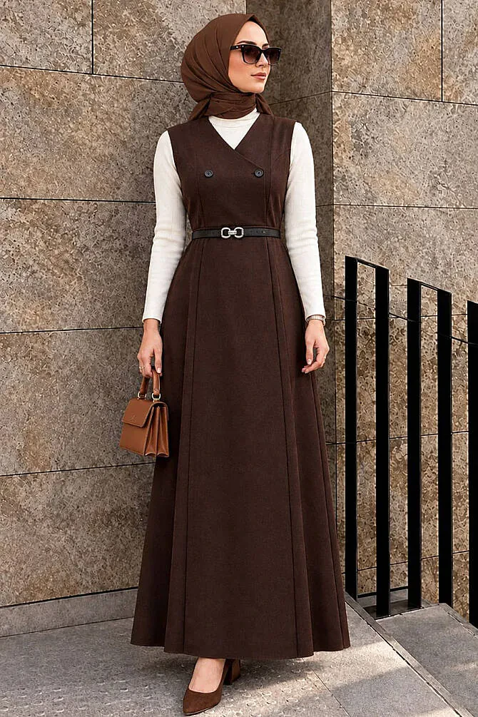 Kahverengi Tesettür Jile Elbise 62081KH - NEVA STYLE