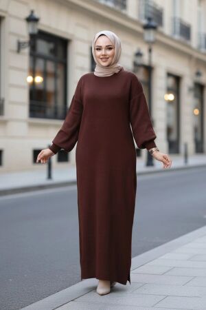 Kahverengi Tesettür Triko Elbise 17205KH 