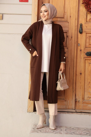 Kahverengi Tesettür Triko Hırka 35531KH - NEVA STYLE