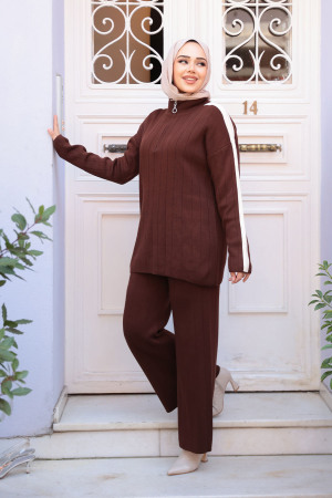 Kahverengi Tesettür Triko İkili Takım 50163KH 