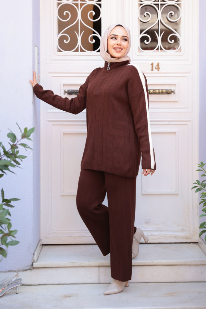 Kahverengi Tesettür Triko İkili Takım 50163KH - 1