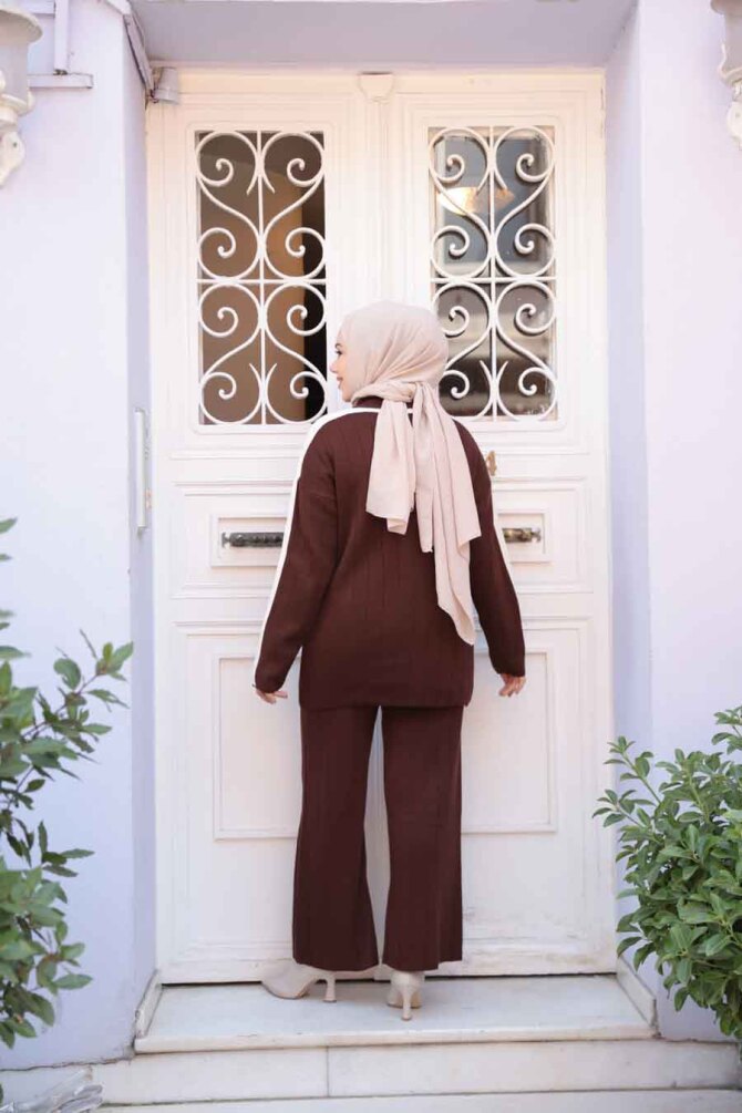 Kahverengi Tesettür Triko İkili Takım 50163KH - 5