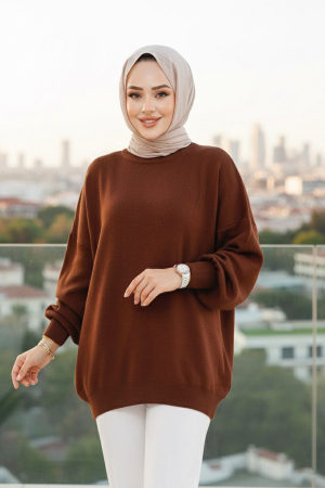 Kahverengi Tesettür Triko Kazak Tunik 17201KH - 1