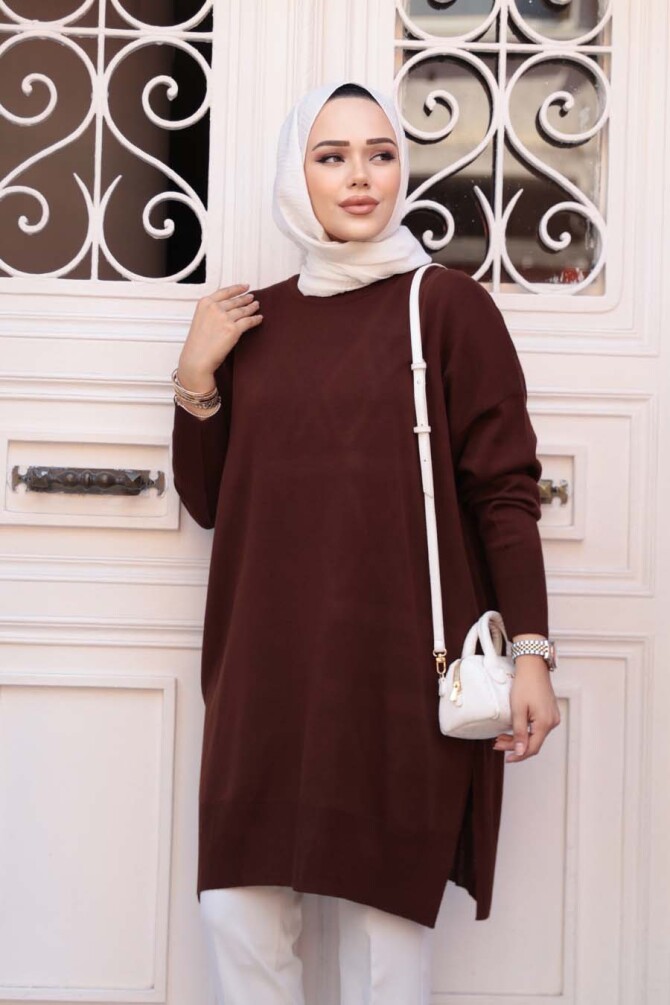 Kahverengi Tesettür Triko Kazak Tunik 17203KH - 1