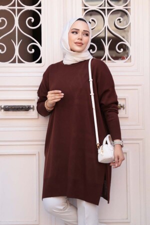 Kahverengi Tesettür Triko Kazak Tunik 17203KH - 2