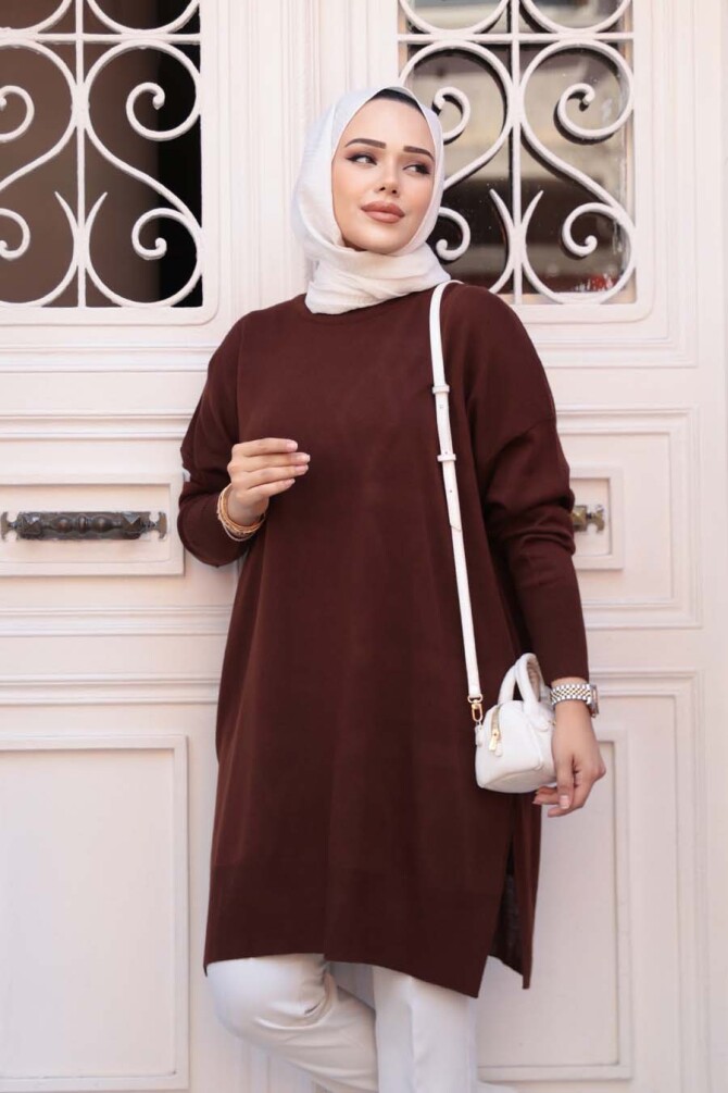 Kahverengi Tesettür Triko Kazak Tunik 17203KH - 2