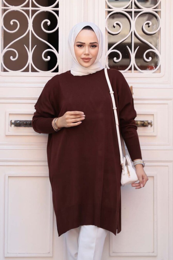 Kahverengi Tesettür Triko Kazak Tunik 17203KH - 3