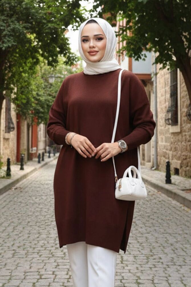 Kahverengi Tesettür Triko Kazak Tunik 17203KH - 1