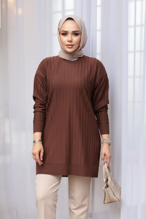 Kahverengi Tesettür Triko Kazak Tunik 17210KH - 1