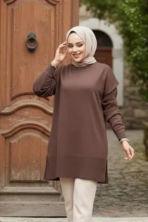 Kahverengi Tesettür Triko Kazak Tunik 2822KH - 1