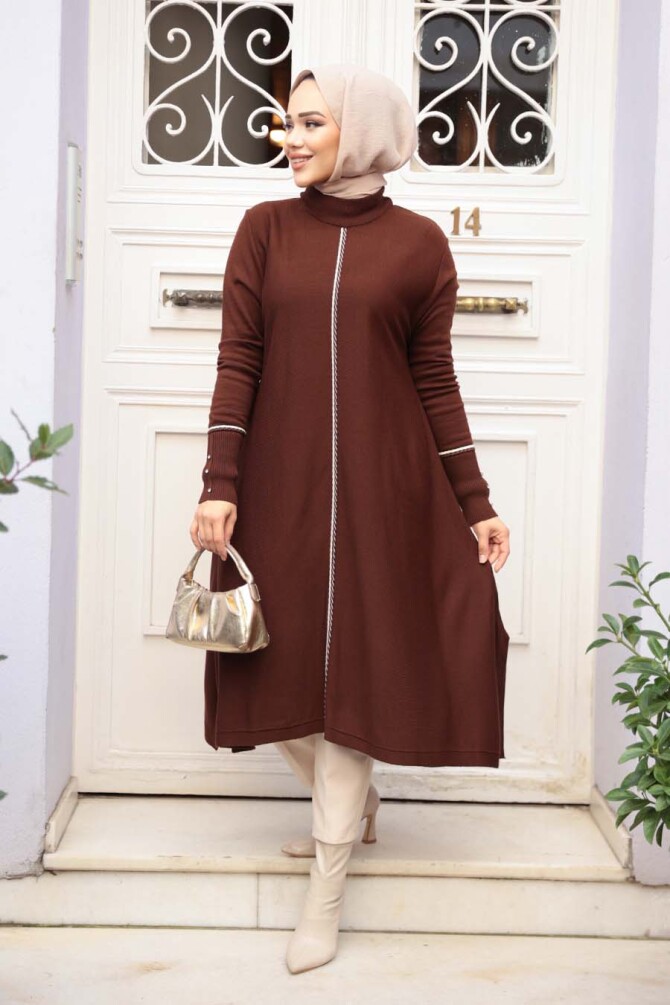 Kahverengi Tesettür Triko Panço Tunik 58651KH - 1