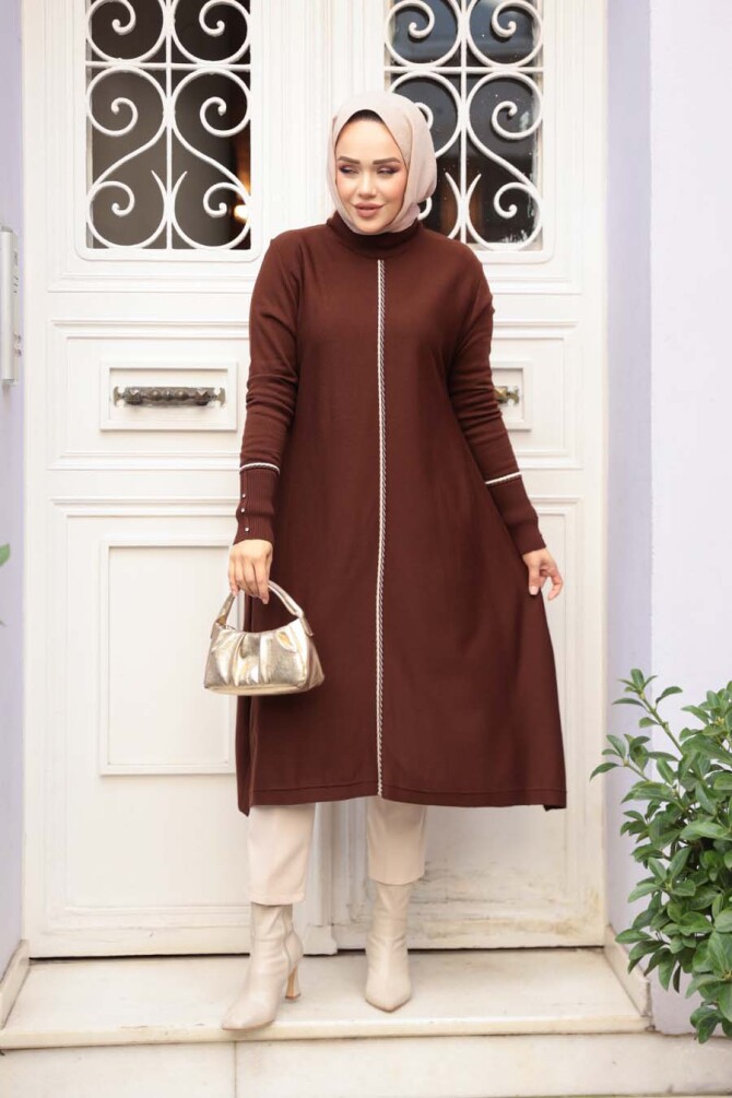 Kahverengi Tesettür Triko Panço Tunik 58651KH - 2