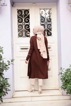 Kahverengi Tesettür Triko Panço Tunik 58651KH - 4