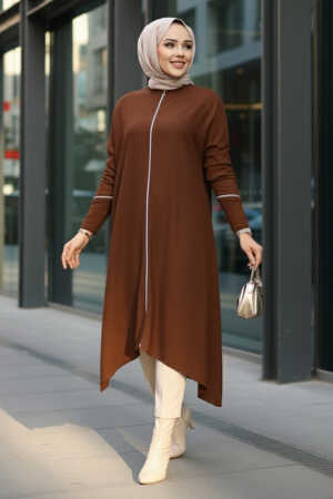 Kahverengi Tesettür Triko Panço Tunik 58651KH - N.S NEVA STYLE