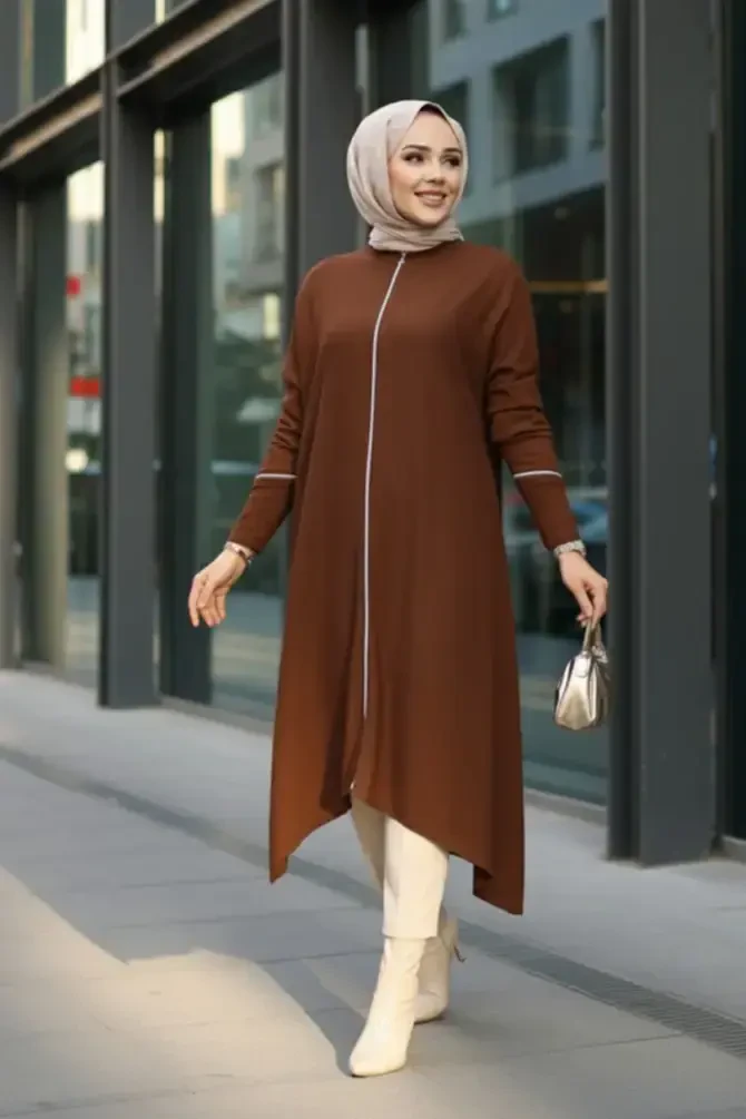 Kahverengi Tesettür Triko Panço Tunik 58651KH - N.S NEVA STYLE