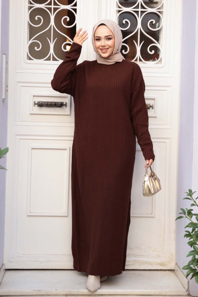 Kahverengi Triko Tesettür Elbise 27504KH - N.S NEVA STYLE
