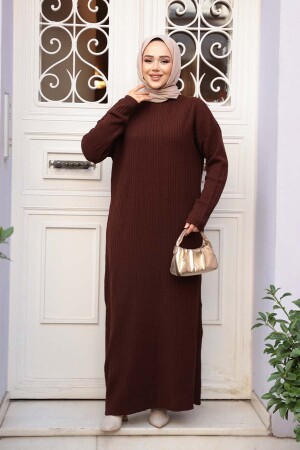 Kahverengi Triko Tesettür Elbise 27504KH - 3