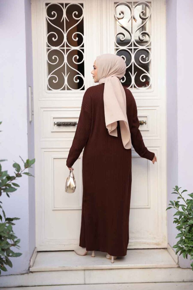 Kahverengi Triko Tesettür Elbise 27504KH - 4