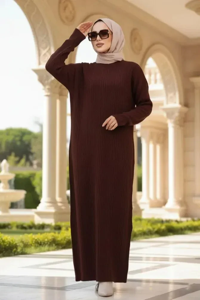 Kahverengi Triko Tesettür Elbise 27504KH - 1