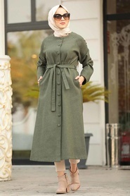 Kaki - Neva Style - Manteau Feutre Hijab - 5505HK - Thumbnail