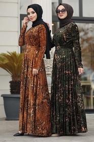 Kaki - Neva Style - Robe En Velours Hijab - 1452HK - Thumbnail