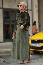 Kaki - Neva Style - Robe En Velours Hijab - 22590HK - Thumbnail