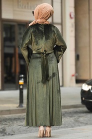 Kaki - Neva Style - Robe En Velours Hijab - 22590HK - Thumbnail