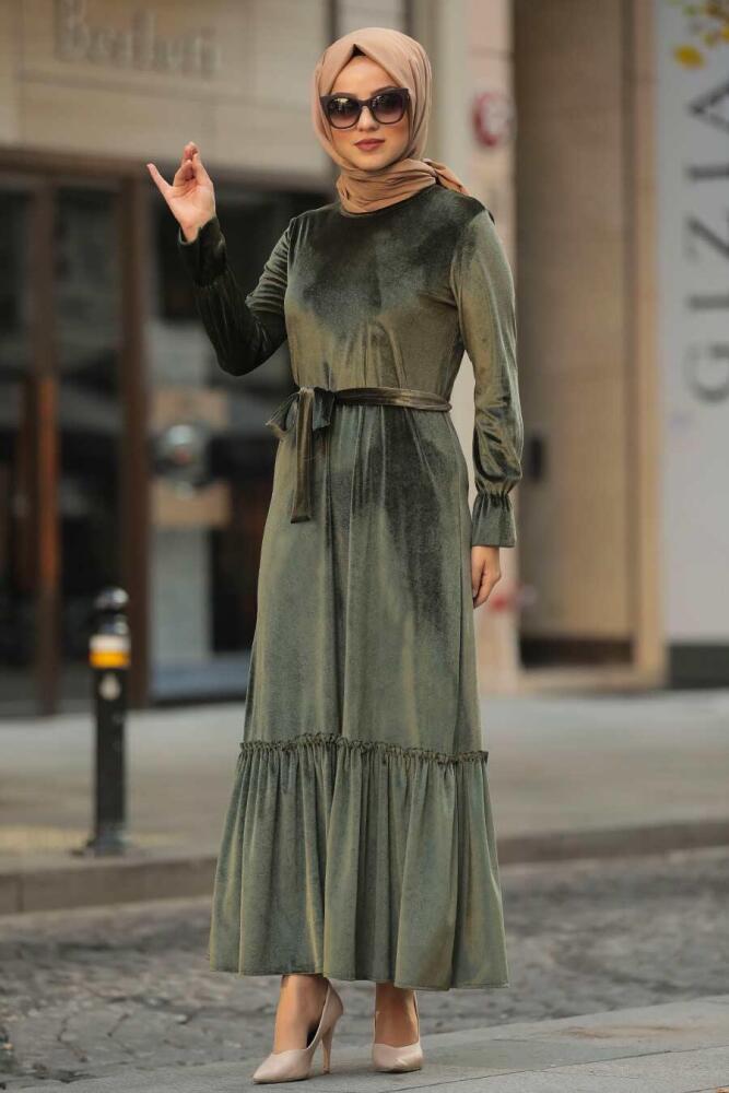 Kaki - Neva Style - Robe En Velours Hijab - 50530HK - 1