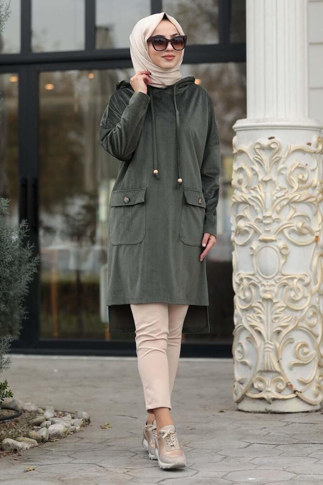 Kaki - Neva Style - Robe En Velours Tunique - 12044HK - 1