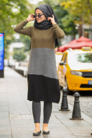 Kaki - Neva Style - Tunique En Tricot Hijab 15379HK - Thumbnail