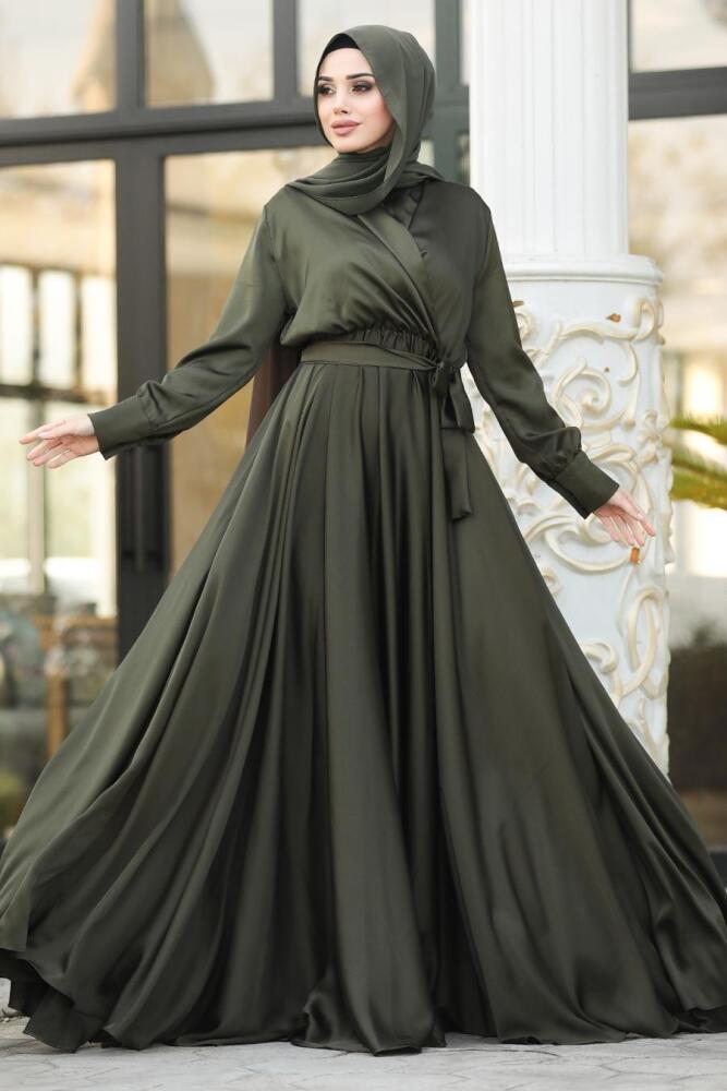 Kaki- Tesettürlü Abiye Elbise - Robe de Soirée Hijab - 1418HK - 1