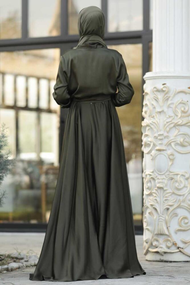 Kaki- Tesettürlü Abiye Elbise - Robe de Soirée Hijab - 1418HK - 2