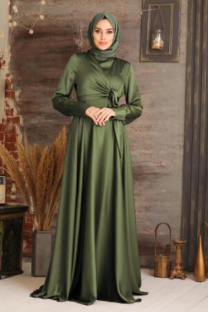 Kaki- Tesettürlü Abiye Elbise - Robe de Soirée Hijab - 1420HK - 1