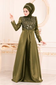 Kaki-Tesettürlü Abiye Elbise - Robe de Soirée Hijab 3755HK - Thumbnail
