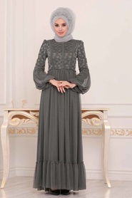 Kaki - Tesettürlü Abiye Elbise - Robe de Soirée Hijab - 3890HK - Thumbnail