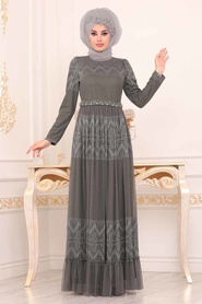 Kaki - Tesettürlü Abiye Elbise - Robe de Soirée Hijab - 3961HK - Thumbnail