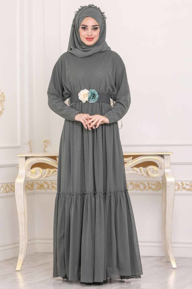 Kaki - Tesettürlü Abiye Elbise - Robe de Soirée Hijab - 3962HK - 1