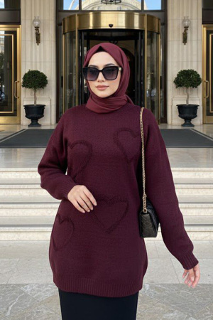 Kalp Desenli Bordo Tesettür Triko Kazak Tunik 8802BR - N.S NEVA STYLE