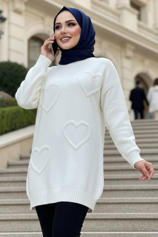 Kalp Desenli Ekru Tesettür Triko Kazak Tunik 8802E - N.S NEVA STYLE