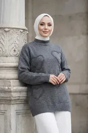 Kalp Desenli Füme Tesettür Triko Kazak Tunik 8802FU 