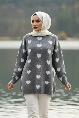 Kalp Desenli Füme Tesettür Triko Kazak Tunik 8688FU - 1